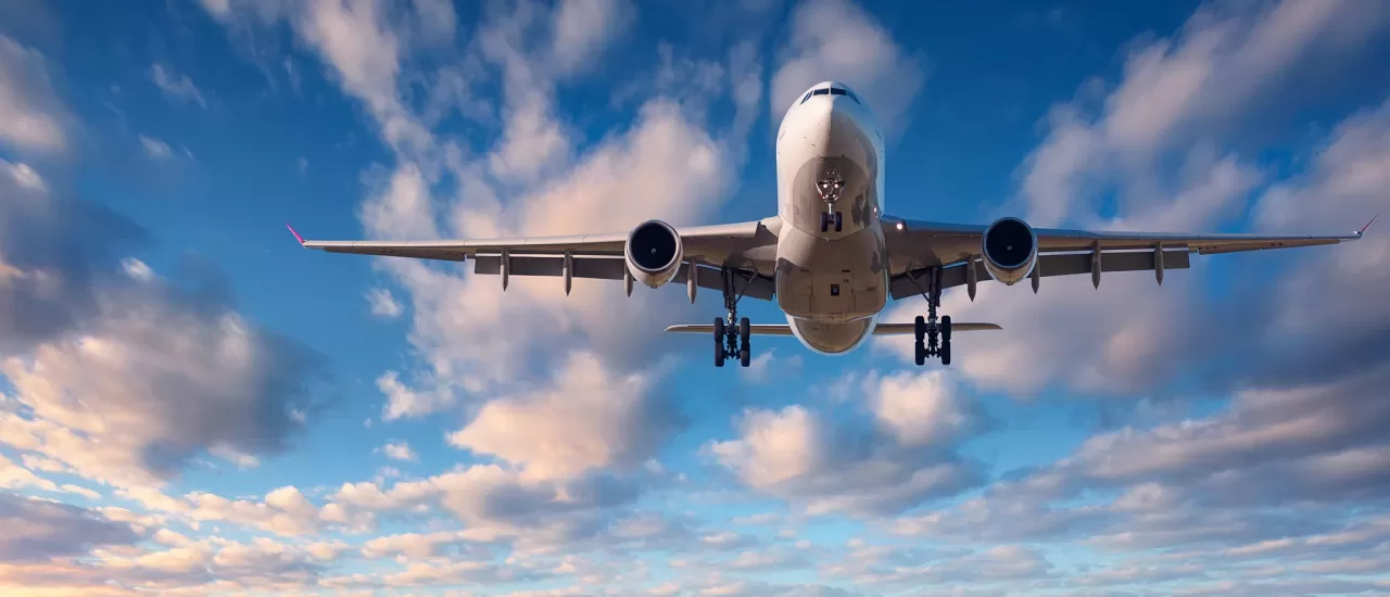 Landscape with white passenger airplane is flying